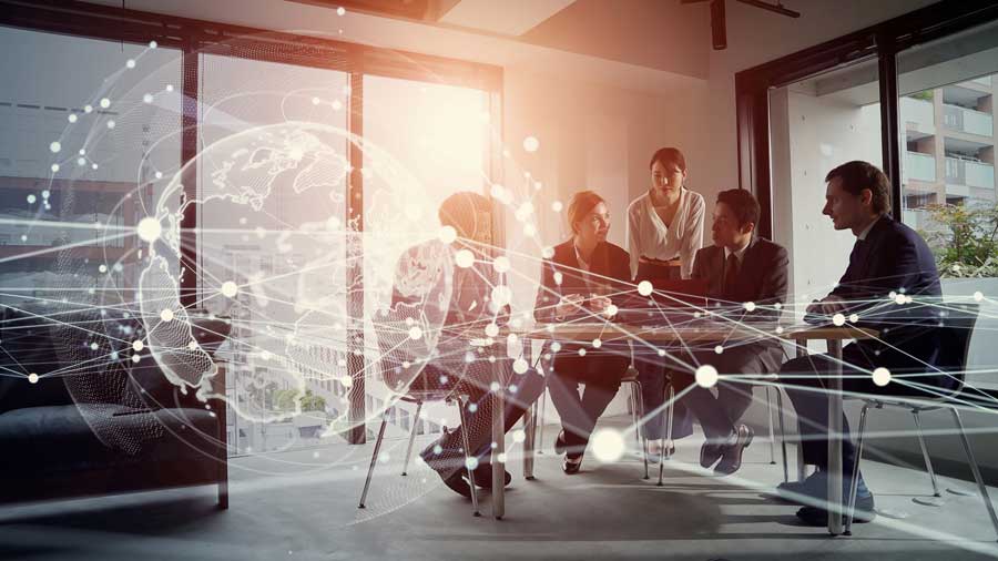 Colleagues collaborating in a modern office